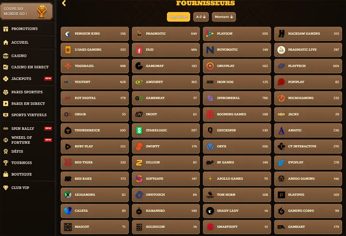 Liste des fournisseurs de jeux Lizaro Casino avec logos et compteurs