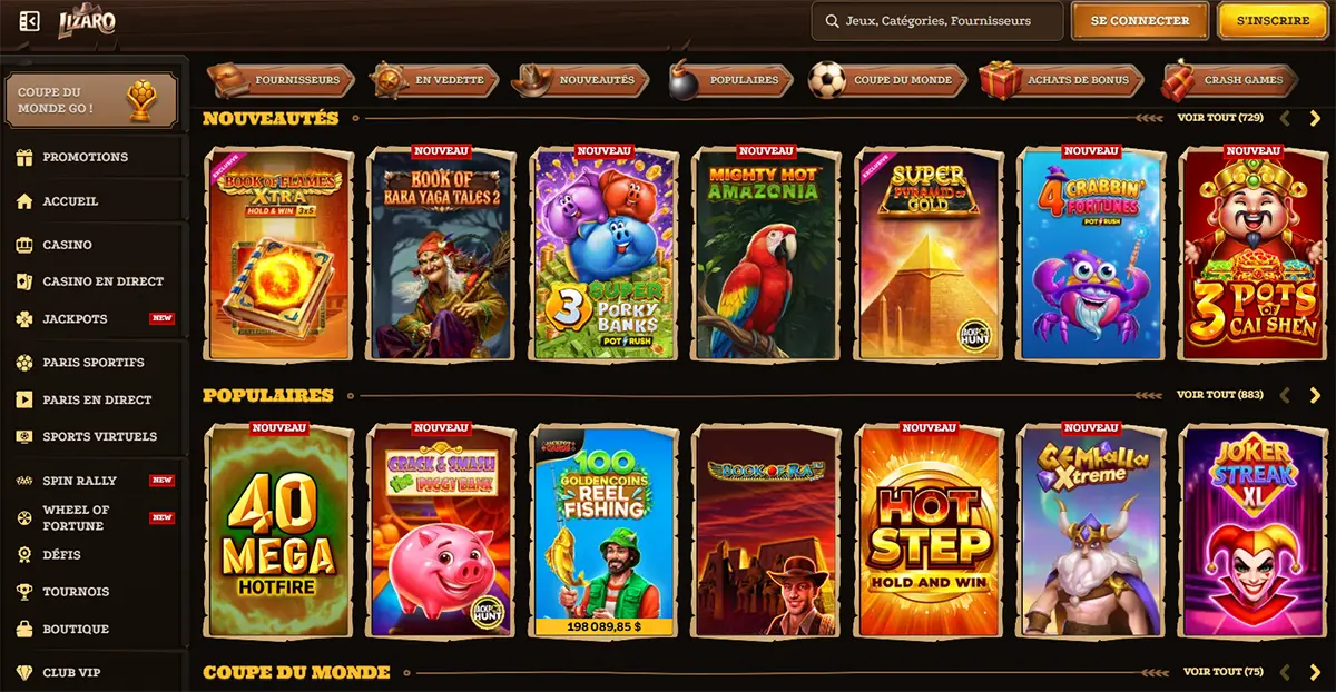 Lobby Lizaro Casino affichant nouveautés populaires et catégories de jeux