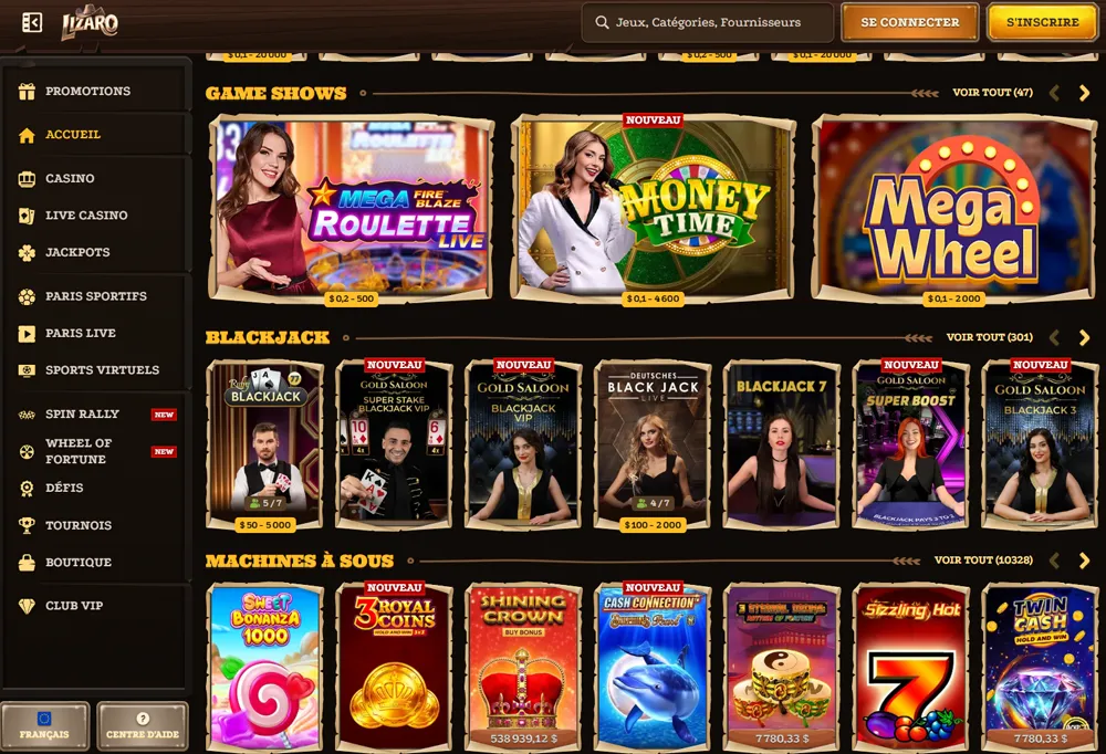 Interface du casino Lizaro avec jeux et catégories