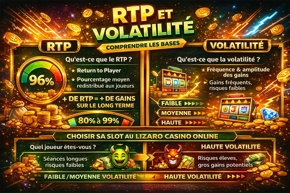 Infographie RTP et volatilité des machines à sous Lizaro Casino Online